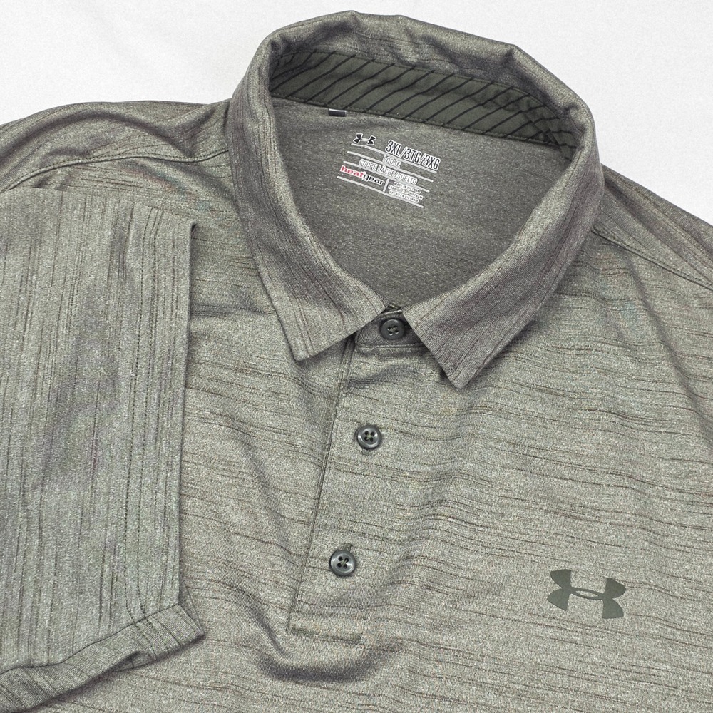 Under Armour Polo Shirt Mens 3XL Olive Green HeatGear Loose Fit Textured Stripe‎